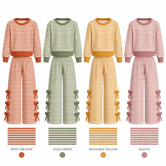 Girls Fall Winter Striped Bow Flare Pants Set – Long Sleeve Two-Piece Boutique Outfit