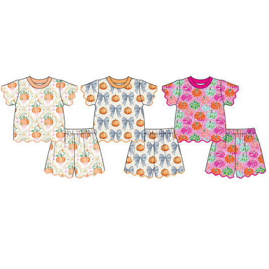 Girls Halloween Pumpkin Print Boutique Outfit | Scalloped Ruffle Sleeve Top & Shorts Set | Fall Toddler Clothing