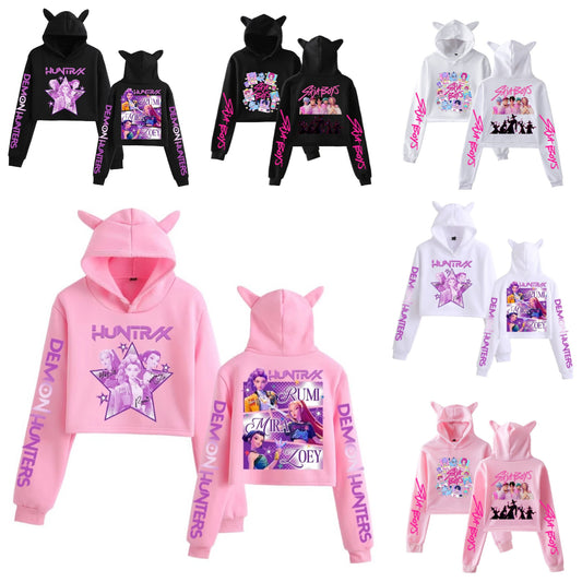 K-Pop Demon Hunters Printed Cat Ear Short Hoodie Anime Sweatshirt for Fall and Winter