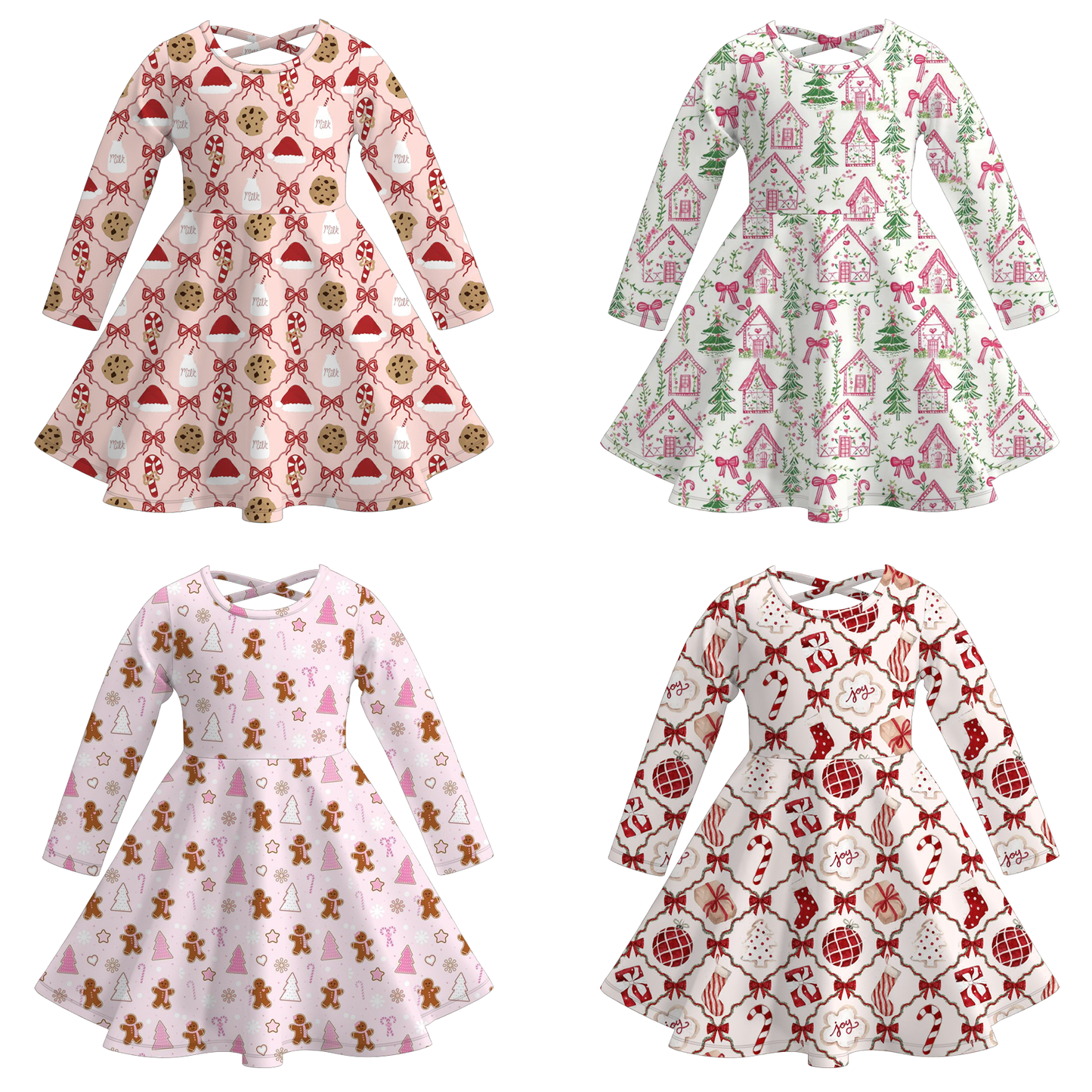 Christmas Long Sleeves Tree Gingerbread Candy Cane Print Dress For Girls