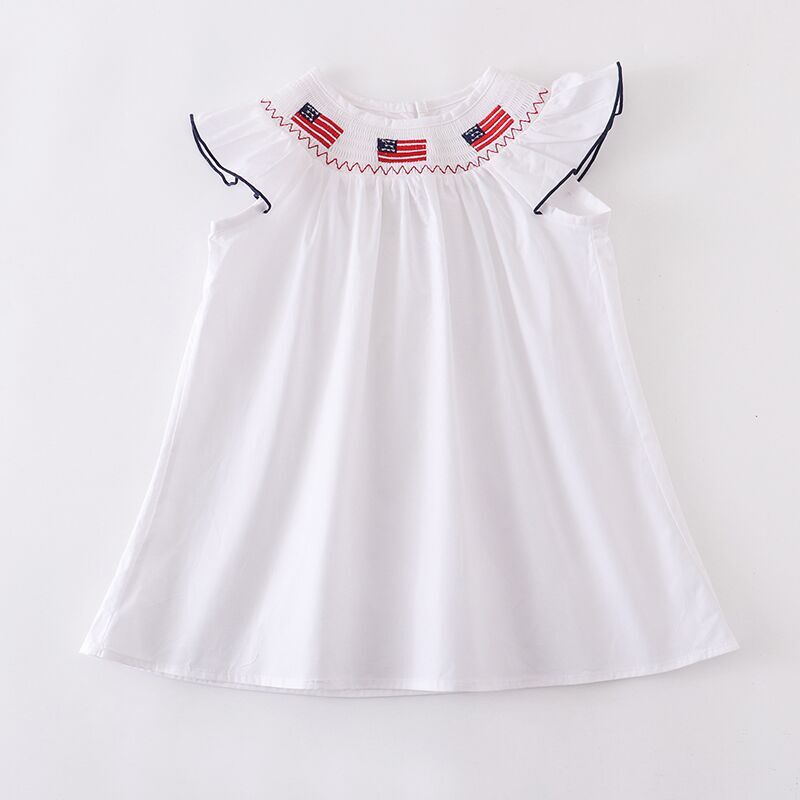 Girls July 4th Patriotic Flag Smocked Embroidery Dress