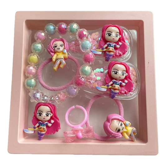 K-Pop Demon Hunters Cartoon Jewelry Gift Set Beaded Bracelet, Hair Tie, Plastic Ring, Hair Clip & Charm Box