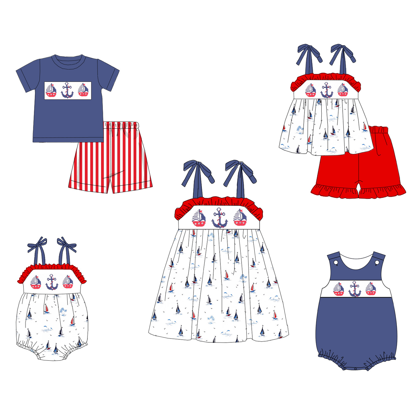 4th Of July Sibling Matching Red Blue Smocked Kids Clothes