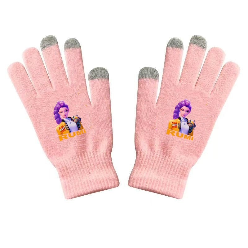 K-Pop Demon Hunters Kids Gloves for Boys and Girls Warm Dopamine Style Knitted Printed Gloves for Fall and Winter