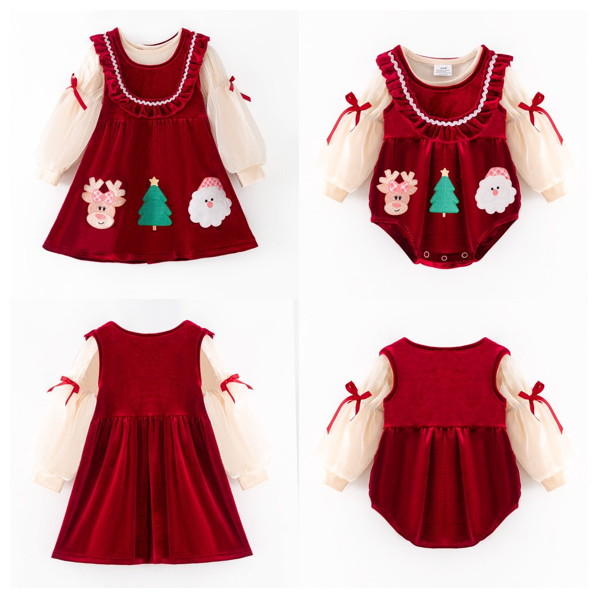Christmas Velvet Dress & Romper Set with Embroidery – Reindeer, Tree & Santa