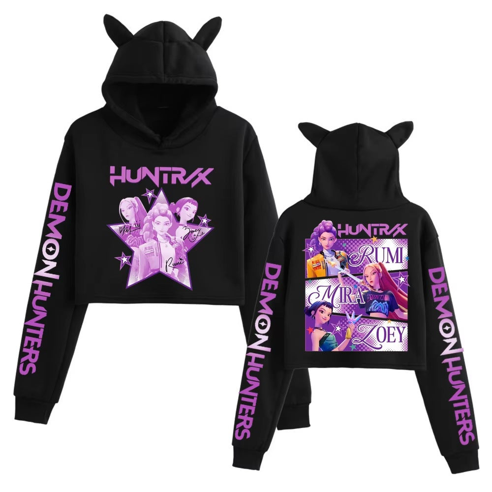 K-Pop Demon Hunters Printed Cat Ear Short Hoodie Anime Sweatshirt for Fall and Winter