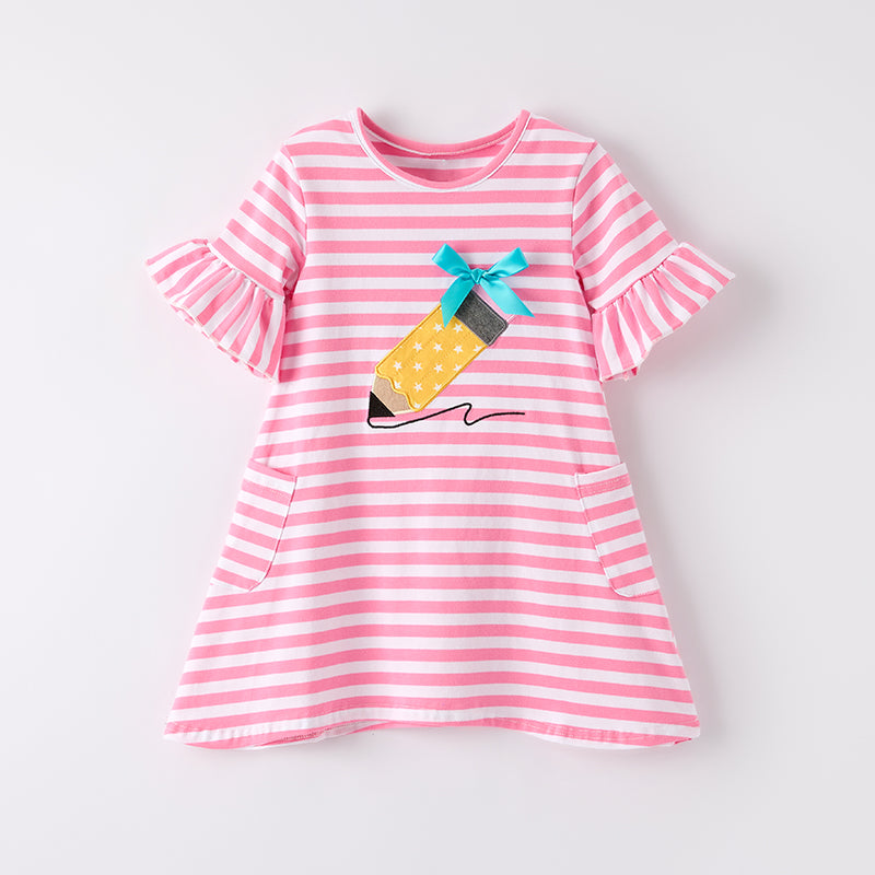 Girls Back To School Pink Stripes Pencil Embroidery Dress