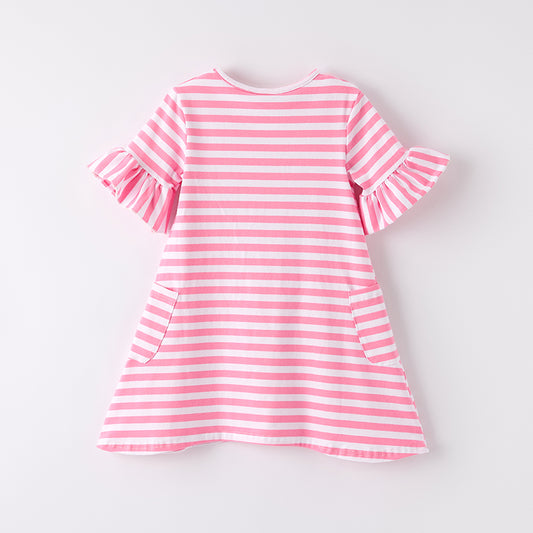Girls Back To School Pink Stripes Pencil Embroidery Dress