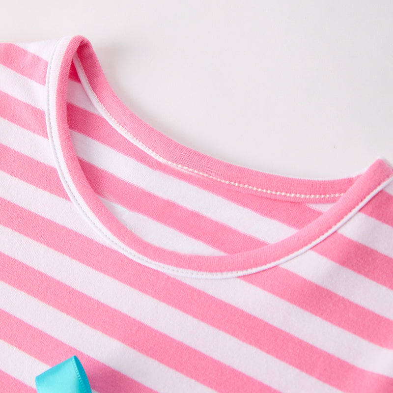 Girls Back To School Pink Stripes Pencil Embroidery Dress