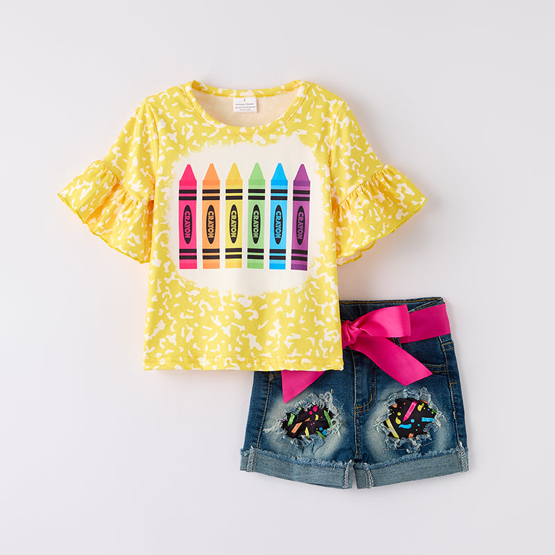 Girls Back To School Caryon Print Denim Short Set
