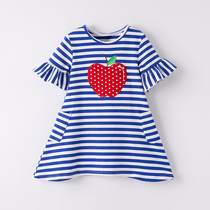 Girls Back To School Blue Stripes Apple Embroidery Dress