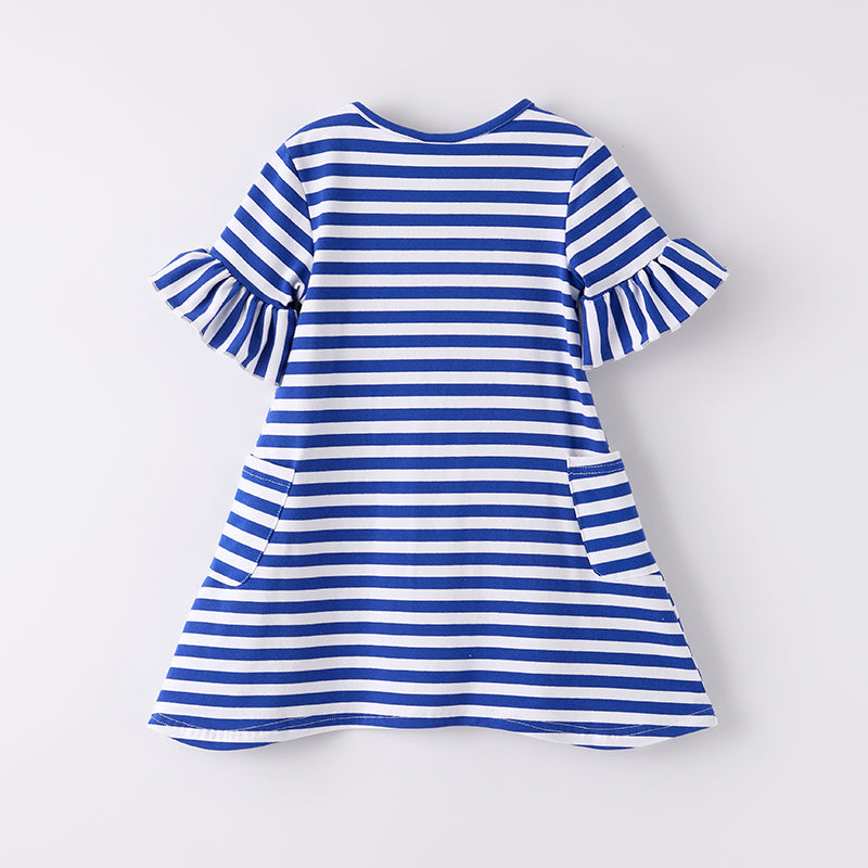 Girls Back To School Blue Stripes Apple Embroidery Dress