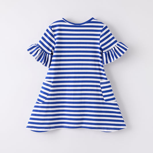 Girls Back To School Blue Stripes Apple Embroidery Dress