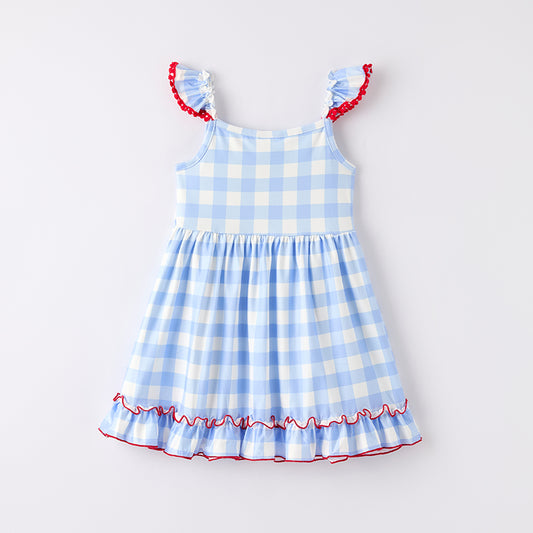 Girls Back To School Blue Plaid Apple Applique Dress