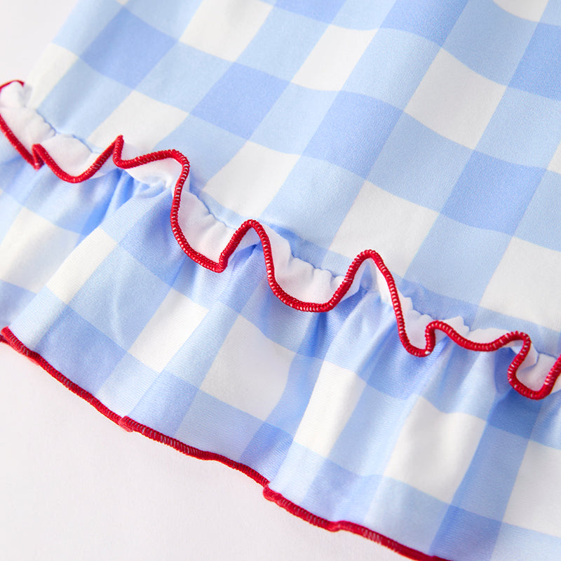 Girls Back To School Blue Plaid Apple Applique Dress