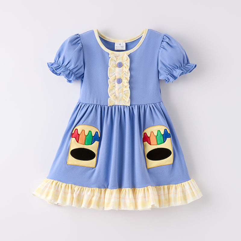 Girls Back To School Crayon Applique Short Sleeve Dress