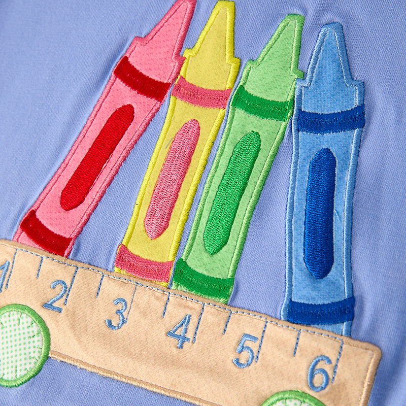 Boys Back To School Blue Pencil Embroidered Short Set