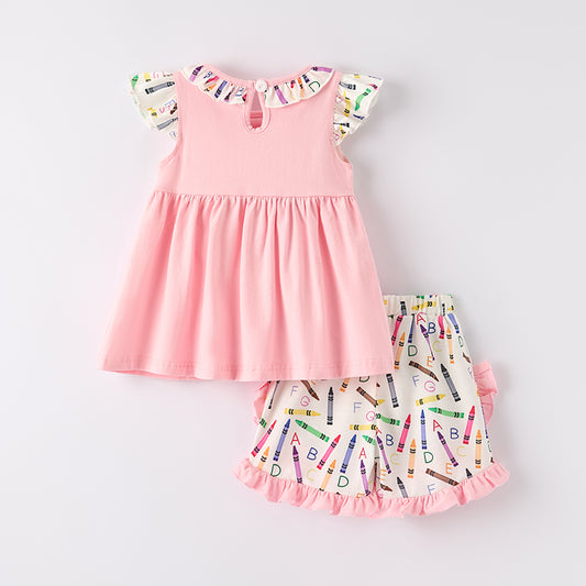Girls Summer Back To School Crayon Embroidered Smocked Short Set