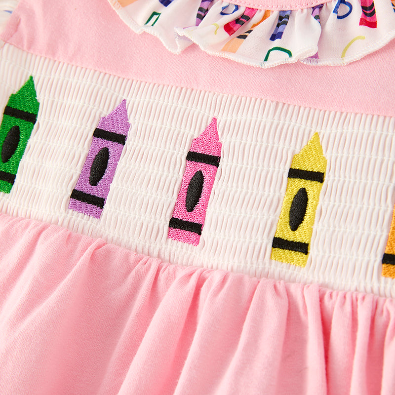 Girls Summer Back To School Crayon Embroidered Smocked Short Set