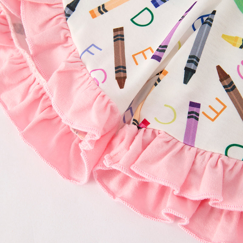 Girls Summer Back To School Crayon Embroidered Smocked Short Set