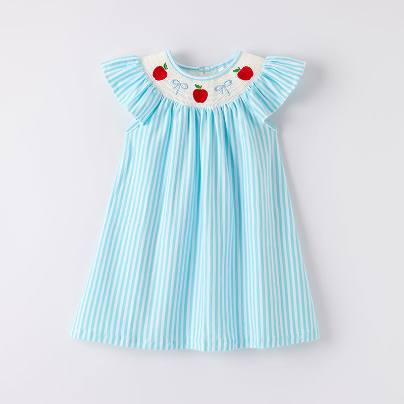 Girls Back To School Blue Stripes Apple Smocked Dress