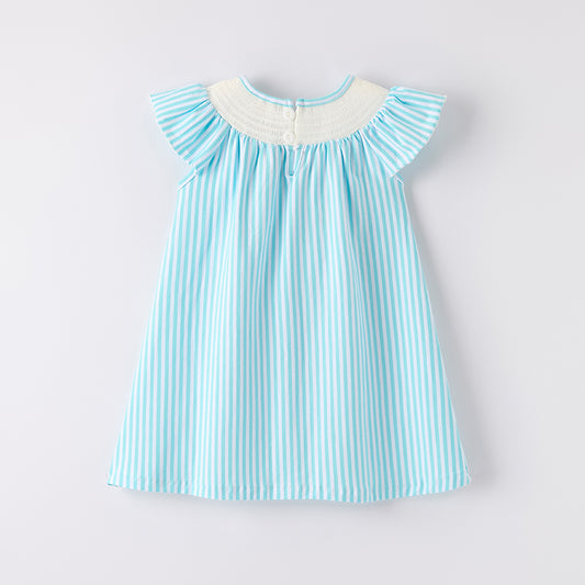 Girls Back To School Blue Stripes Apple Smocked Dress