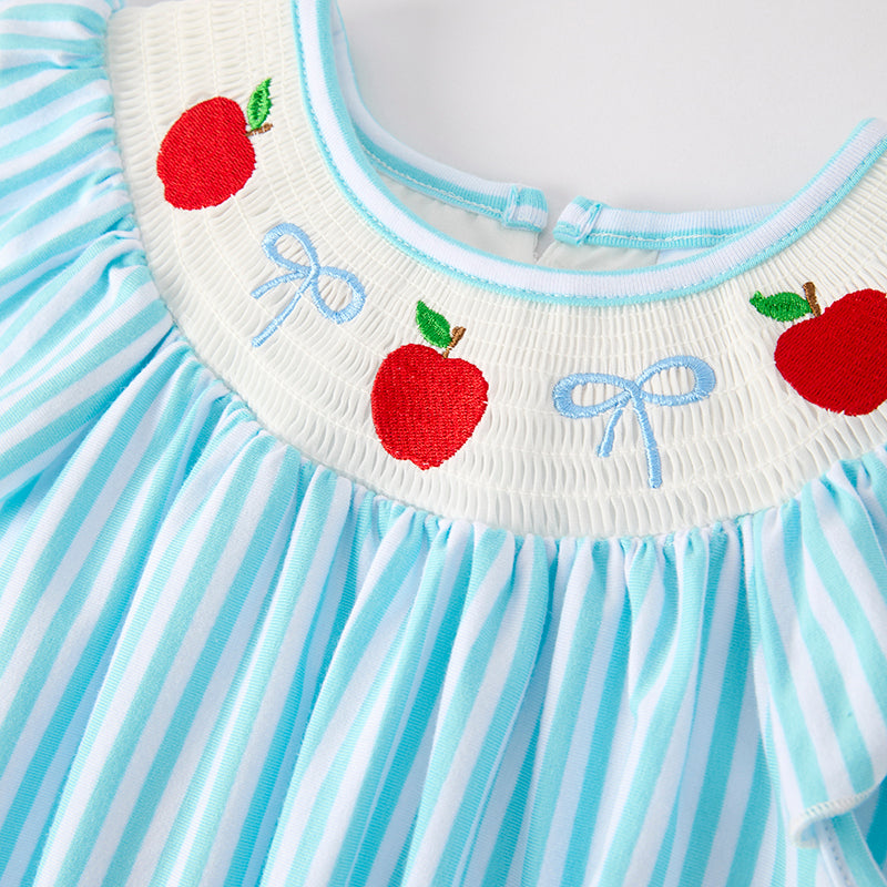 Girls Back To School Blue Stripes Apple Smocked Dress