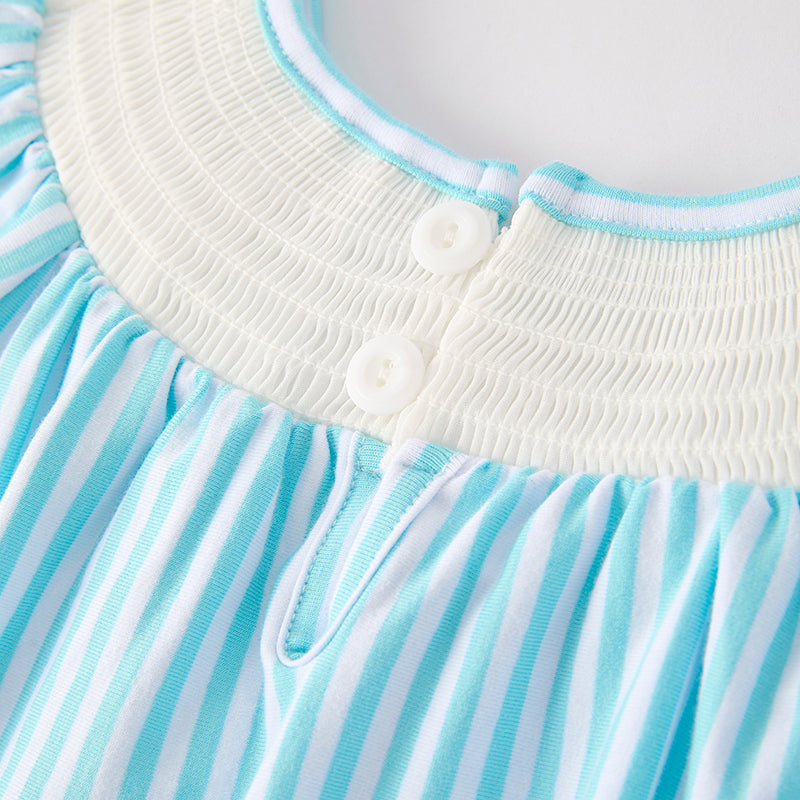 Girls Back To School Blue Stripes Apple Smocked Dress