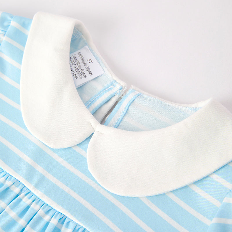 Girls Back To School Blue Stripes Pencil Embroidered Short Set