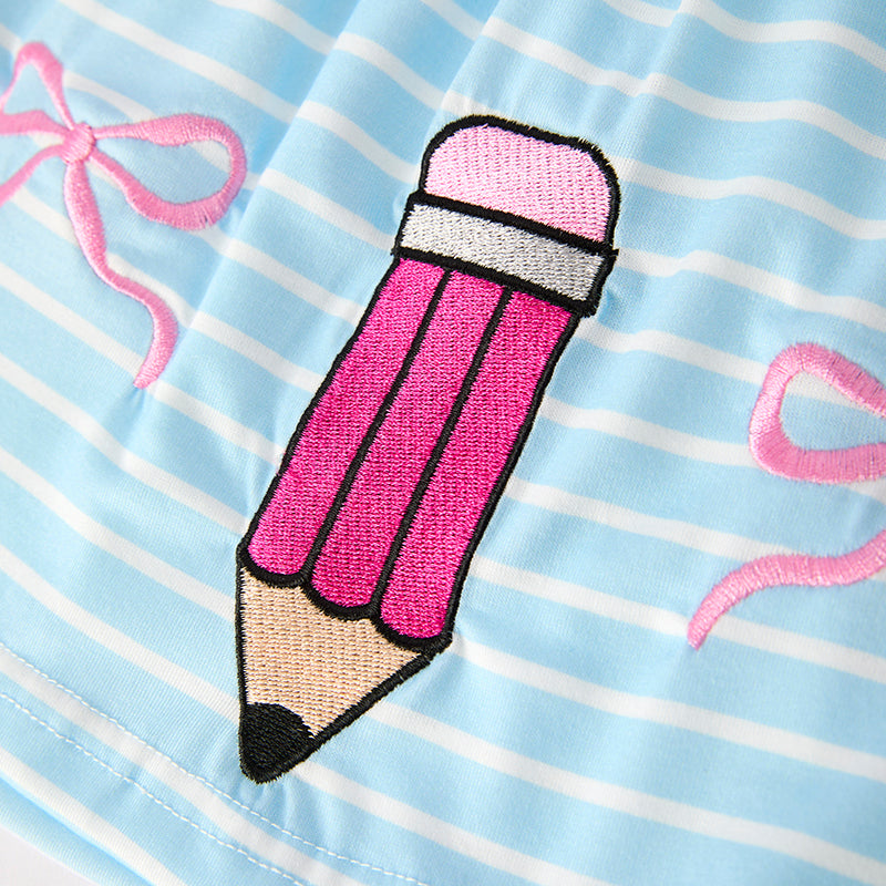 Girls Back To School Blue Stripes Pencil Embroidered Short Set