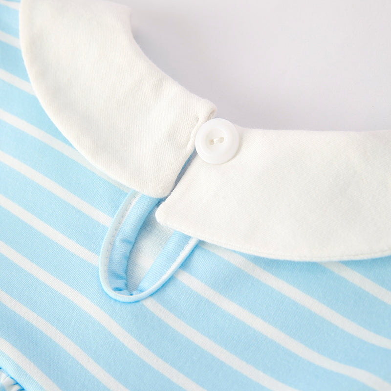 Girls Back To School Blue Stripes Pencil Embroidered Short Set