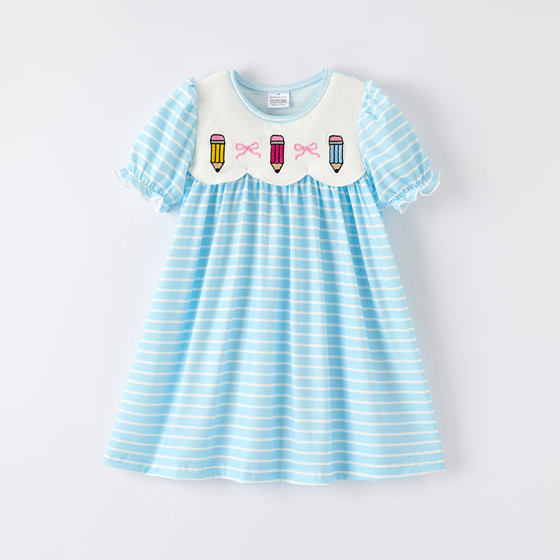 Girls Back To School Blue Stripes Pencil Embroidered Dress