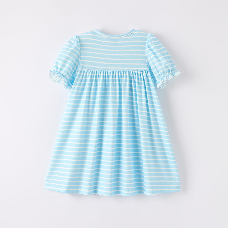 Girls Back To School Blue Stripes Pencil Embroidered Dress