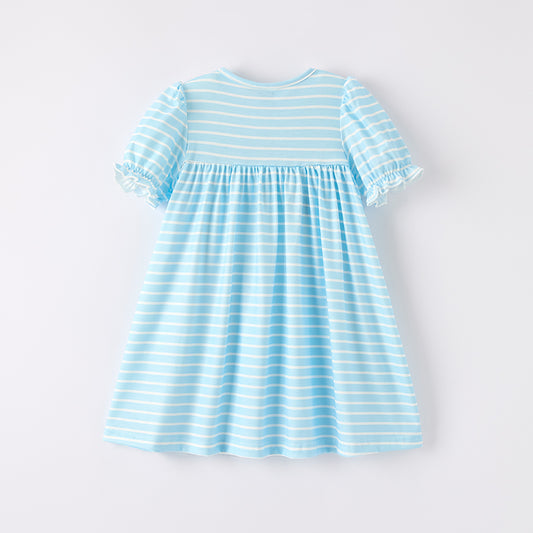 Girls Back To School Blue Stripes Pencil Embroidered Dress