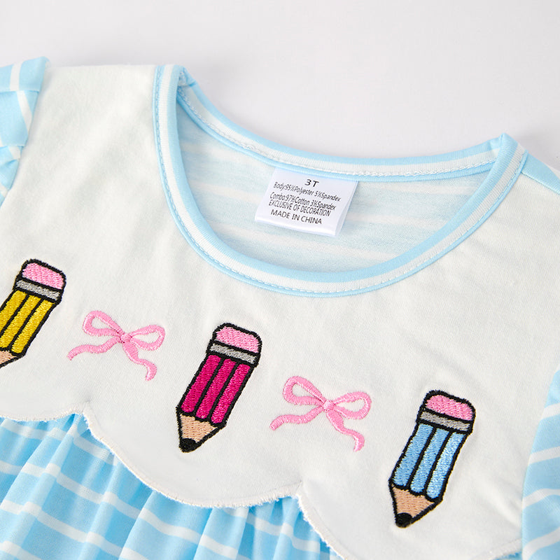 Girls Back To School Blue Stripes Pencil Embroidered Dress