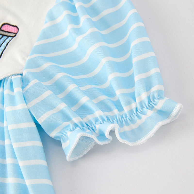 Girls Back To School Blue Stripes Pencil Embroidered Dress
