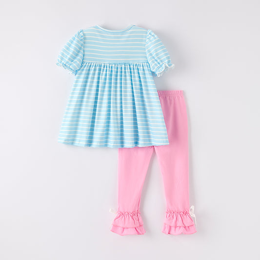 Girls Back To School Blue Stripes Pencil Embroidered Pant Set