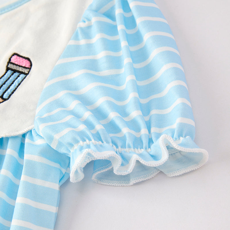 Girls Back To School Blue Stripes Pencil Embroidered Pant Set