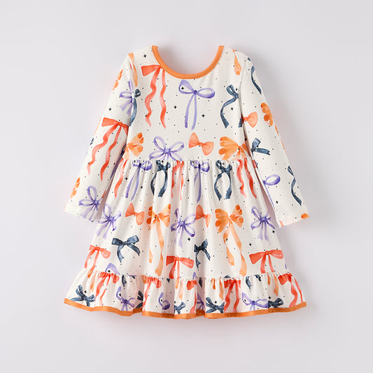 Girls Fall Autumn Orange Bow Ruffles Long Sleeves Dress