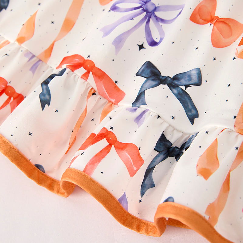 Girls Fall Autumn Orange Bow Ruffles Long Sleeves Dress