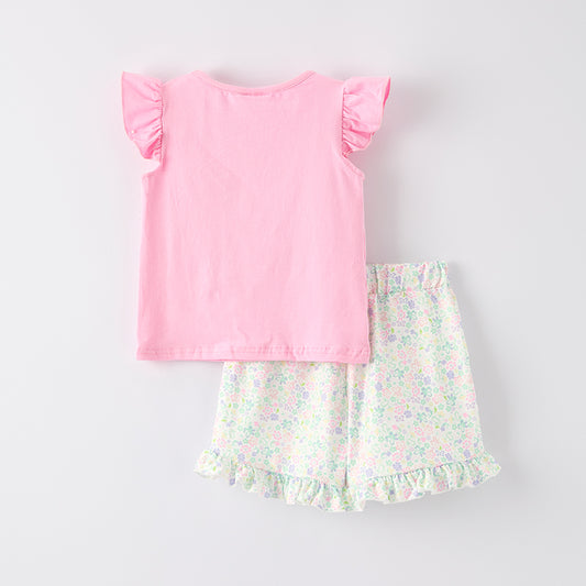 Girls Back To School Pink Bow Pencil Applique Short Set