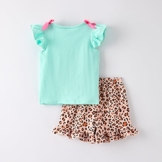 Girls Back To School Leopard Bow Print Short Set