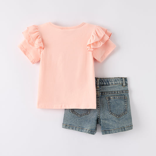 Girls Summer Bow Print Denim Short Set