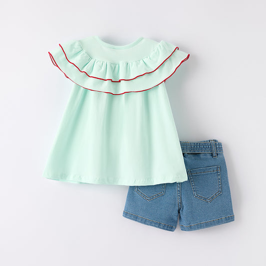 Girls Back To School Apple Embroidered Denim Short Set