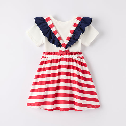 Girls Back To School Apple Applique Pocket Red Stripes Skirt Set