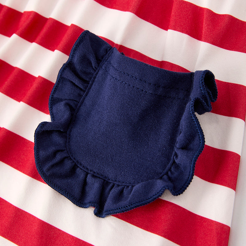 Girls Back To School Apple Applique Pocket Red Stripes Skirt Set