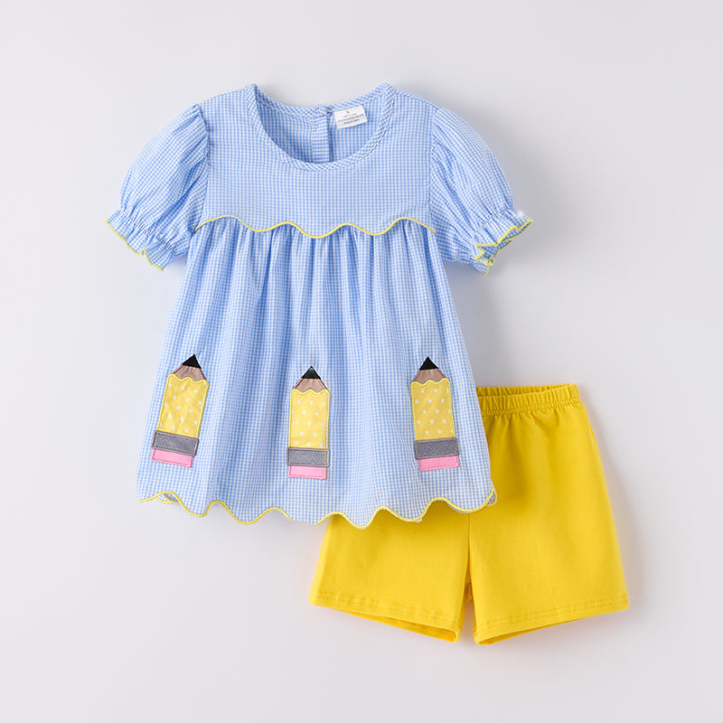 Girls Yellow Blue Back To School Pencil Applique Short Set