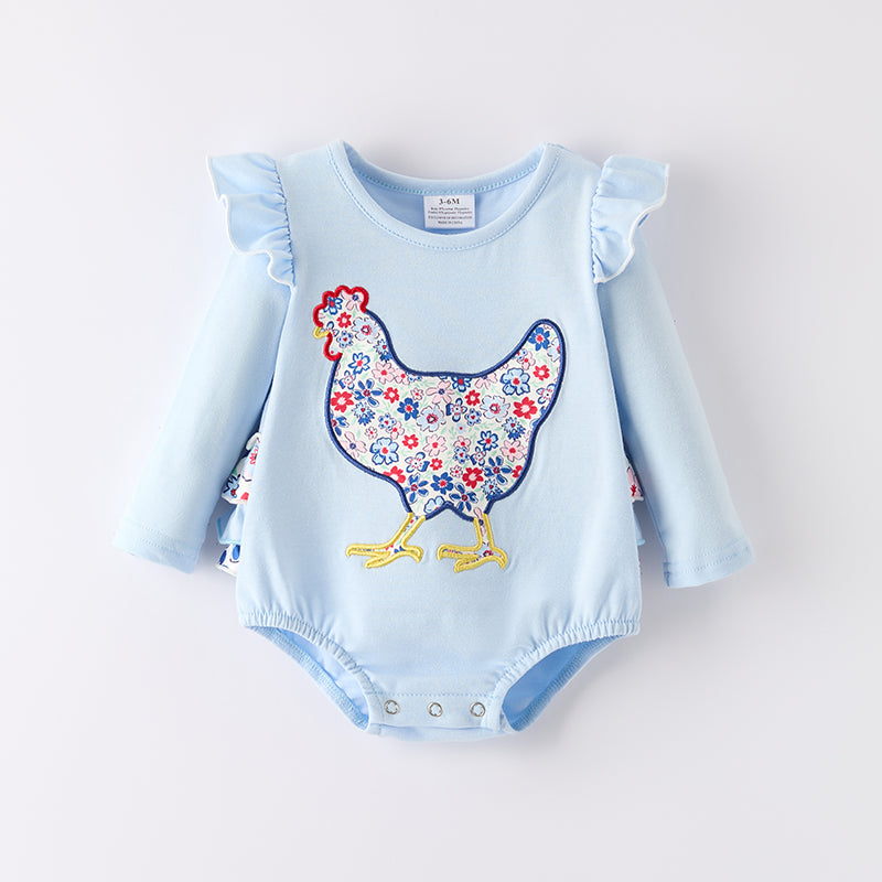 Girls Baby Summer Fall Farm Chick Embroidery Ruffled Romper