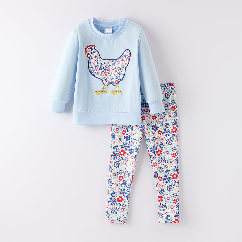 Girls Summer Fall Chick Embroidery Long Sleeves Pant Set