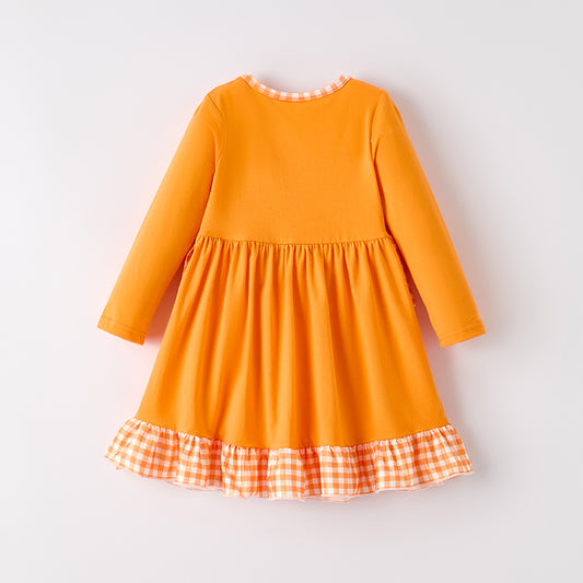 Girls Halloween Pumpkin Chenille Patches Orange Long Sleeves Dress